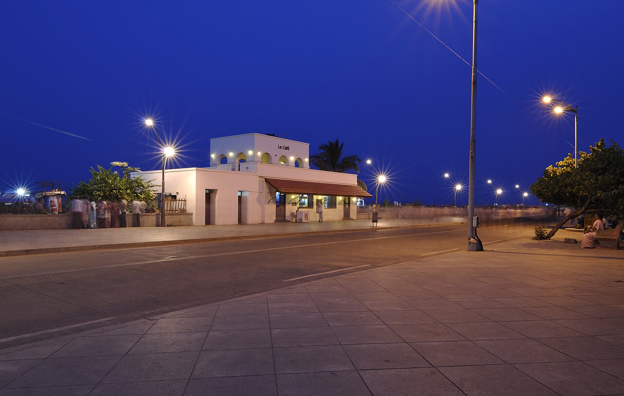 Le Cafe on the Beach Promenade, Pondicherry, at dusk